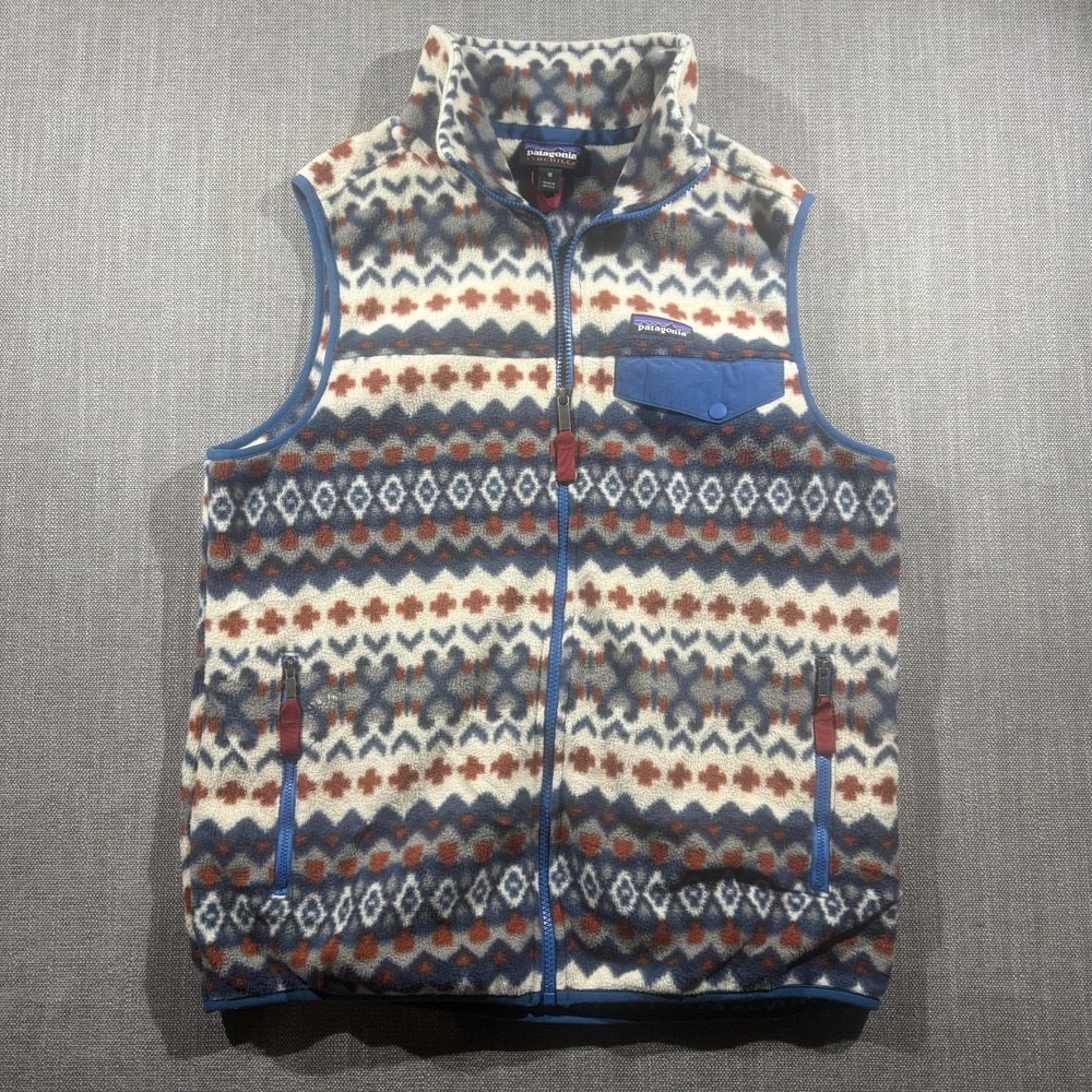 Patagonia Vest‎ Mens Medium Blue Fleece Synchilla Full Zip Aztec Geo Pattern
